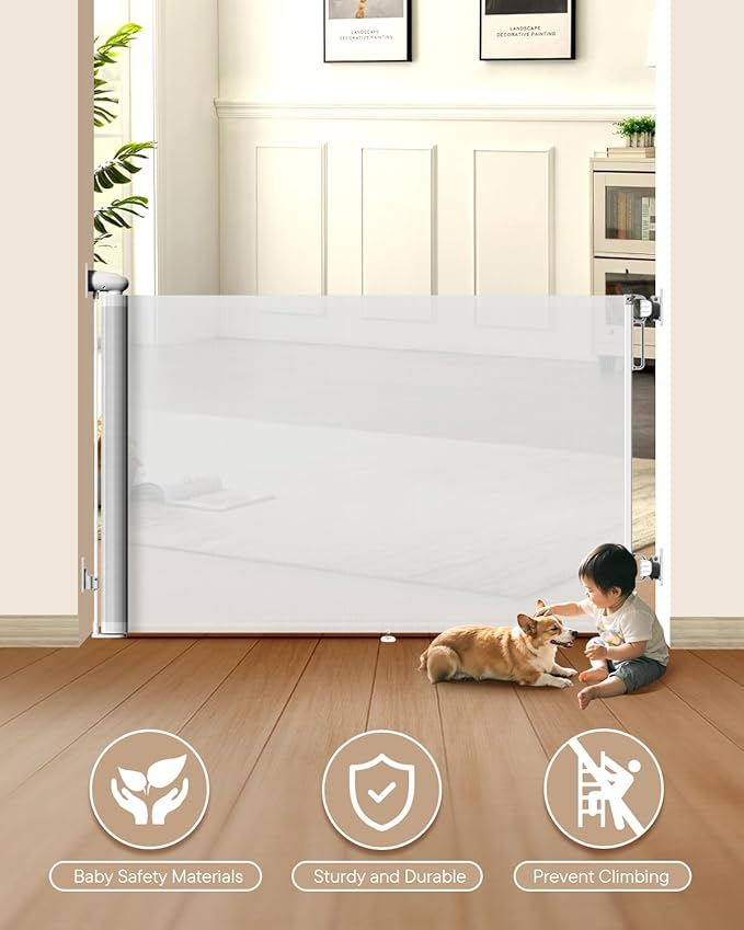 Retractable Baby Gate for Stairs - 55" Wide Mesh Dog Gate Indoor, Two-Step Safety Lock, 34" Tall Child Gate for Doorways, Hallways, Deck, Indoor Outdoor Garage, White