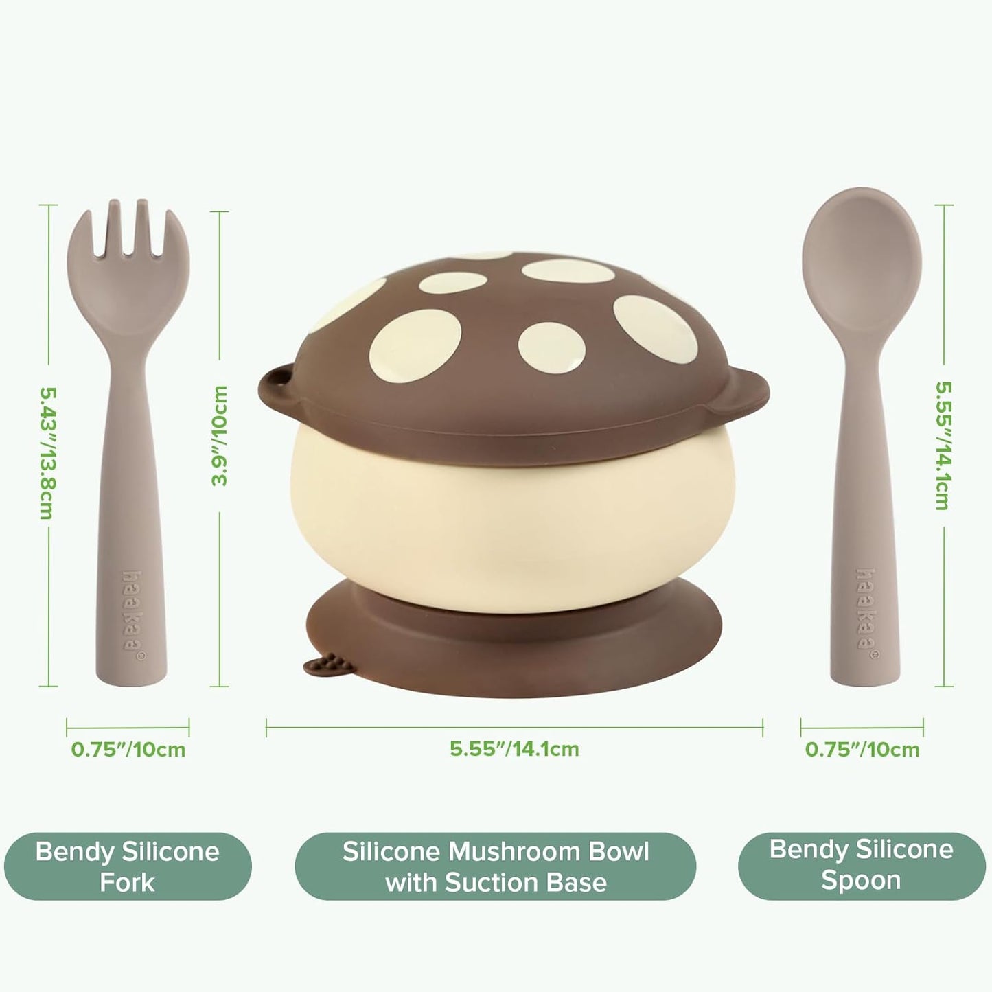 haakaa Silicone Mushroom Bowl & Bendy Cutlery Set – Baby Bowls with Suction & Spillproof Lid, Baby Spoons & Forks for Self Feeding, BPA-Free - Toast