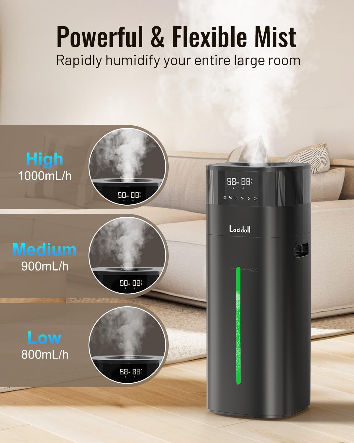Lacidoll Cool and Warm Mist Humidifier Large Room, 5.3Gal/20L Humidifiers for Home 2000 sq ft, Whole House Humidifiers with Diffuser Extended Tube, Air Humidifier for Bedroom Nursery Baby Plants Black