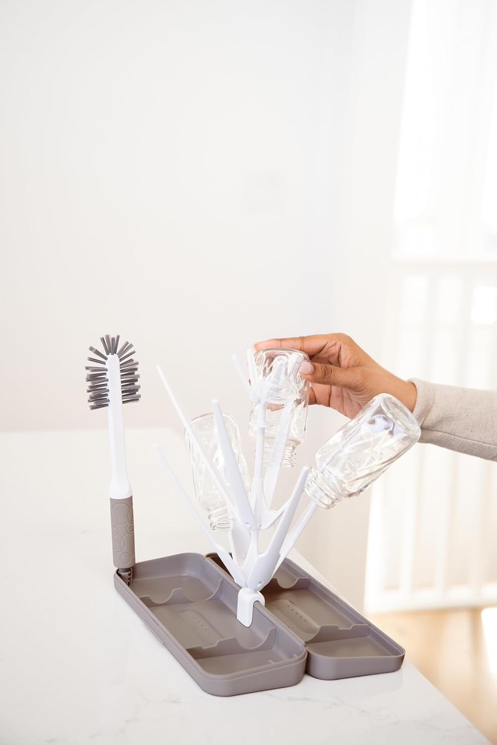 Ubbi On-the-Go Drying Rack and Brush Set, Includes Travel Case and Bottle Brush for Compact Storage, Holds Up To 8 Bottles, Baby Travel Accessories, Gray