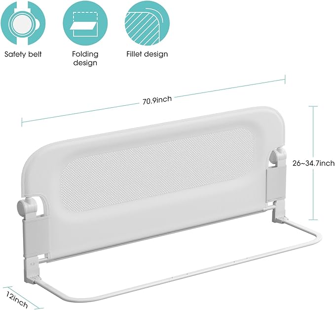 NUTIKAS Baby Bed Rail Guard for Toddlers - 70" Toddler Bed Rails for Twin, Full, Queen, King Bunk Size Bed Swing Down Bedrail Extral Tall Child Safety Side Railing Guards for Kids White