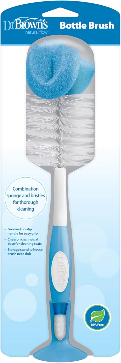 Dr. Brown's Reusable Sponge Baby Bottle Cleaning Brush with Suction Cup Stand, Scrubber and Nipple Cleaner, Pink 1-Pack