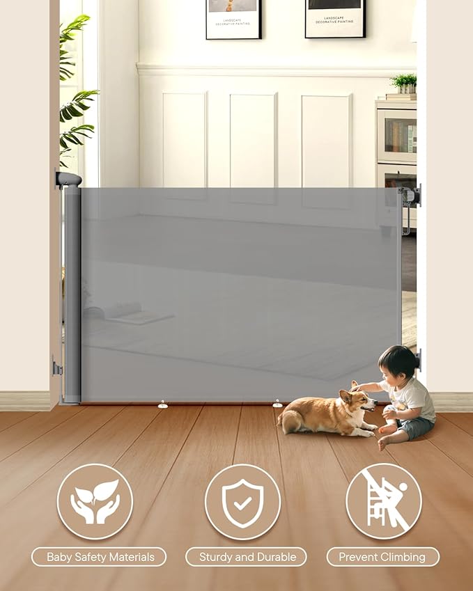 Retractable Baby Gate for Stairs – 34" Height, Expands up to 71" Width, Safety Gate for Infants, Toddlers, Dogs & Pets, Easy Install, Gray Puppy Gate for Indoor & Outdoor Use, Gray