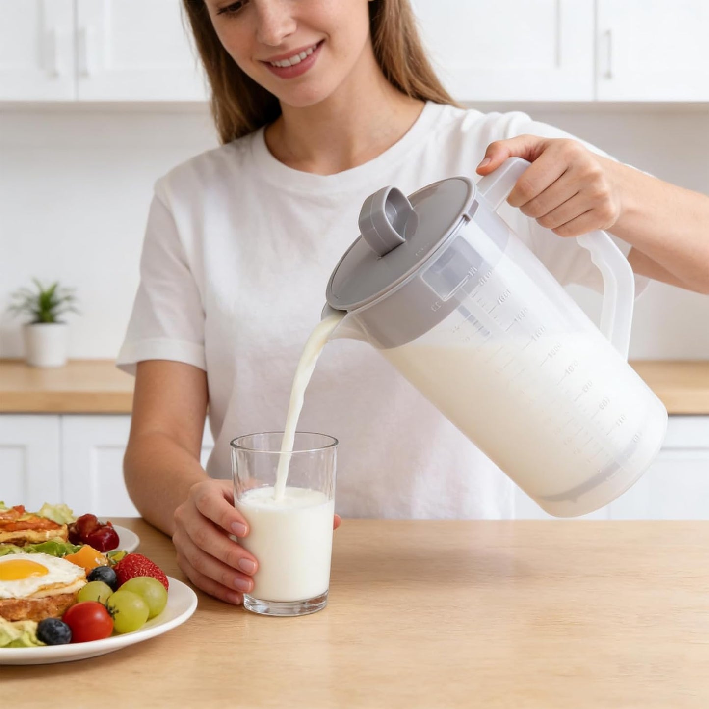 2 Quart/64oz Mixing Pitcher with Adjustable Plunger & Lid - BPA-Free, Drink Container for Juice, Formula, Tea - Wide Mouth, Easy Clean, Vortex Mixing Technolog