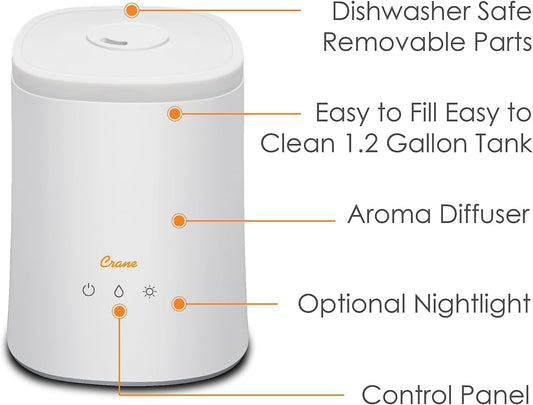 Crane 0.7 Gallon Top Fill Cool Mist Humidifier and Aroma Diffuser, with Color-Changing Night Light and Aroma Diffuser Function, Humidifier For Bedroom, Office or Nursery