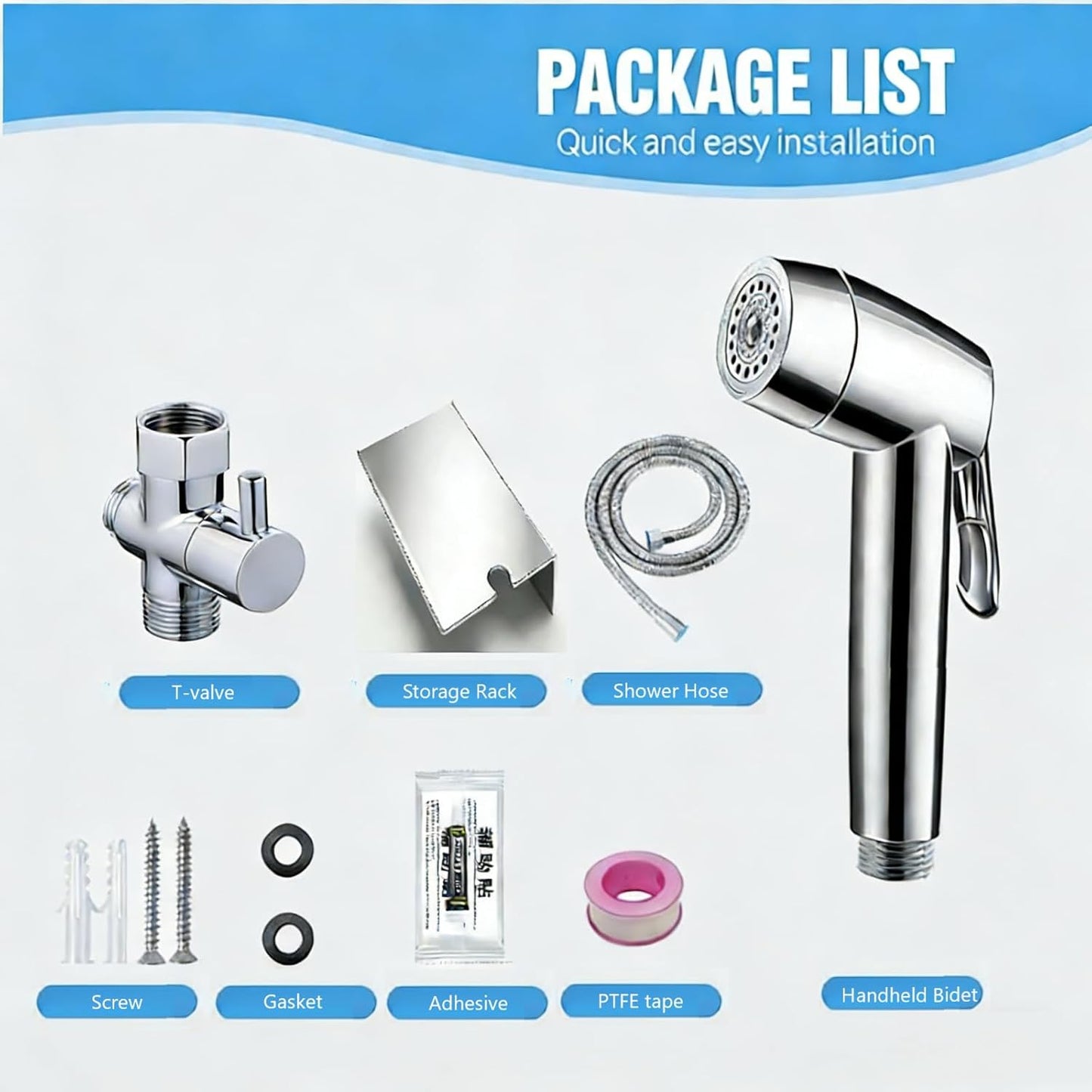 Handheld Bidet Sprayer & Muslim Shower Kit with Storage Shelf, Brass T-Valve, Adjustable Pressure, No Drip, Easy Install Toilet Bidet for Hygiene, Feminine Care, Diaper & Pet Wash, Ceruleanix