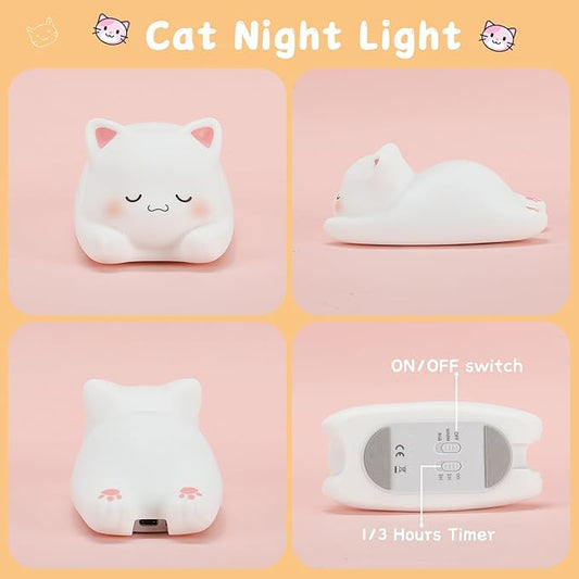 LOVERUIS Cute Night Light for Kids Cat Night-Light Baby Girl Squishy NightLight 1/3 Hour Timer Kitty Light Dimmable Nursery Lamp Colorful Nightlight Gift for Kid Toddler Kawaii Bedroom (Mimi)