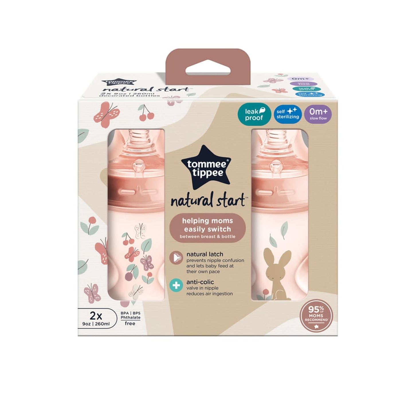 Tommee Tippee Natural Start Anti-Colic 9 oz BPA Free Baby Bottles, 0+ Months, Slow Flow Breast-Like Nipple, Self Sterilizing, Designed for Seamless Transition Between Bottle & Breast, Clear, Pack of 2