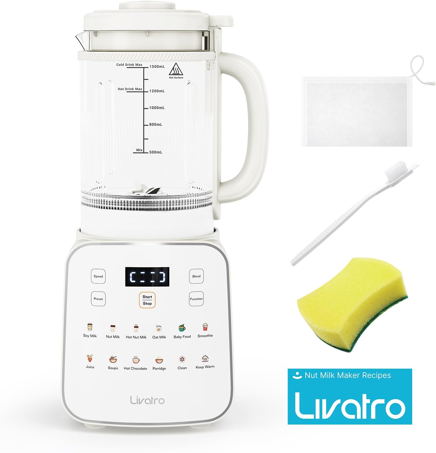 50.73oz Nut Milk Maker Machine: 12-in-1 Automatic Soy Milk Maker with Detachable Design, Homemade Juice,Almond,Oat Milks for Plant-Based Milks, 24H Delay Start/Keep Warm/Auto-Clean/Safety Lock
