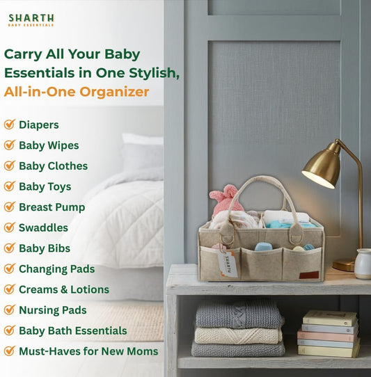 Sharth Baby Diaper Caddy Organizer with Handle, Baby Shower Gifts Basket Bag, Registry Search Must Haves Items, Nursery Storage Organizer for Newborn Girl Boy, Car Diaper Caddy (Gray)