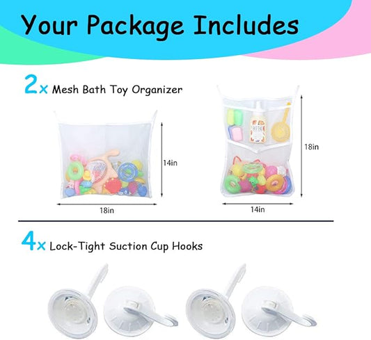 2 PCS Mesh Bathtub Toy Holder Bag, 18 x 14 Inch Bath Toy Organizer, 4 Ultra Strong Hooks, White