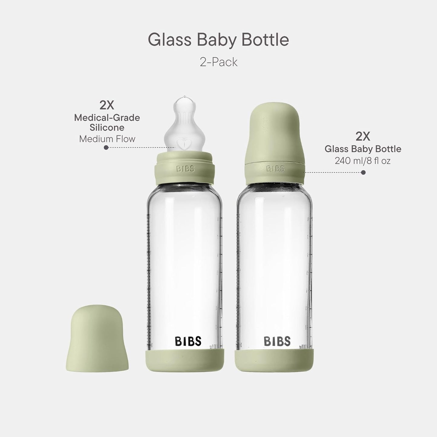 BIBS Glass Baby Bottles 2-Pack, 4 Oz. Anti-Colic System for Gas Reduction. Vented Round Silicone Nipple. Supports Infant and Newborn Breastfeeding - 120 ml (Pack of 2), Sage