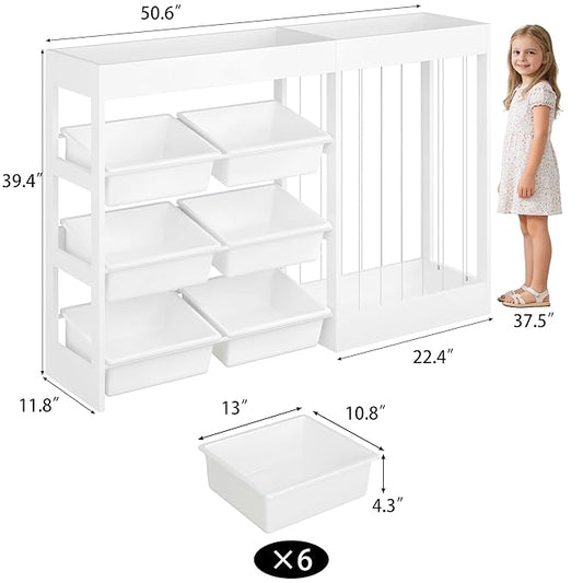 50.6" W Toy Storage, 3-in-1 Large Kids Toy Organizers and Storage with Stuffed Animal Zoo, 6 Removable Plastic Bins, Wooden Toddler Cabinet for Girls Boys Playroom, Nursery, Home Decor(White)