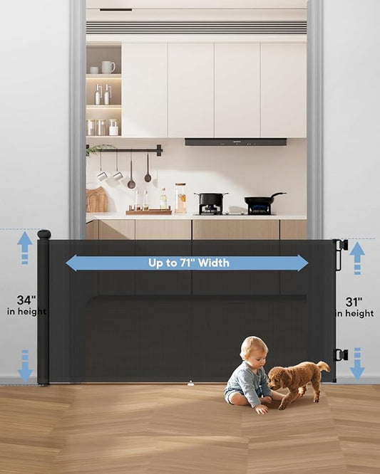 Extra Wide Baby Gate - 71 inch Retractable Mesh Gates for Large Opening, Extra Long Mesh Gate for Babies, Dogs, Baby Gate Anti-Crawling Hook for Stairs Hallways Doorway Indoor Outdoor, Black