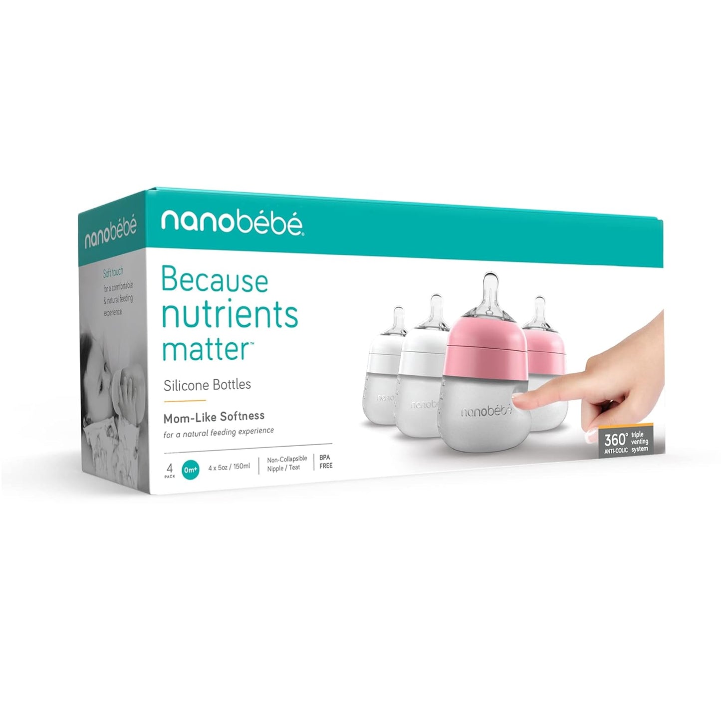 Nanobebe Flexy Silicone Baby Bottle, Anti-Colic, Natural Feel, Non-Collapsing Nipple, Non-Tip Stable Base, Easy to Clean 4-Pack, Pink/White, 5 oz