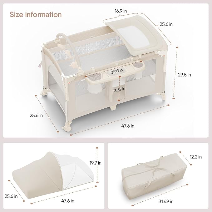 Obee Odee 4 in 1 Baby Bassinet, Pack and Play, Bedside Crib Sleeper, Diaper Changer - Comes with Mattress, Mosquito Net, Bottom Storage and Toy Bar for Newborn to Toddles