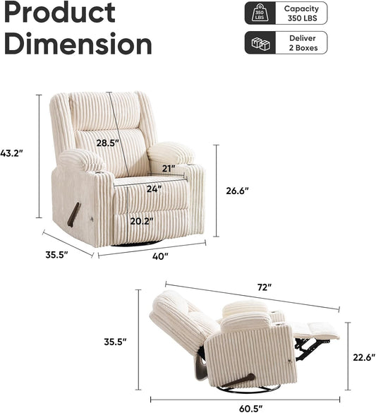 Oversized Power Recliner Chair with Massage and Heat, Swivel Rocker Recliner Chair for Adults with Arm Storage, Nursery Glider Recliner with Adjustable Headrest and Phone Stand, Side Pockets, Beige