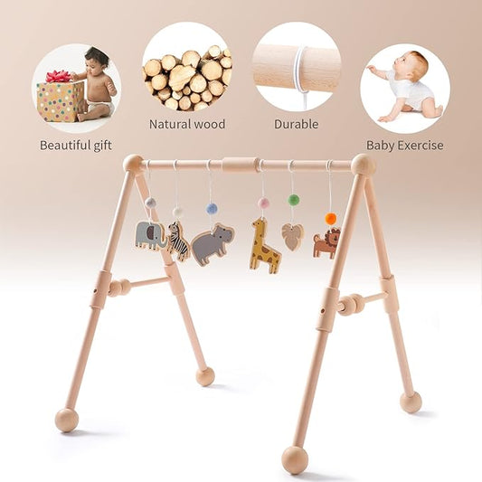 Wooden Baby Gym with 6 Gym Toys, Detachable Wooden Play Gym Frame Activity Gym Hanging Bar Baby Toys for Activity Gym, Ages Newborn + (Zoo Themes)