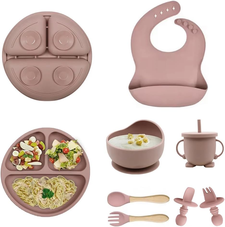 Silicone Baby Feeding Set, 9 PCS Baby Led Weaning Supplies, Self Feeding Utensils Divided Suction Plate with Lid and Bowl Set, Toddler Feeding Spoons Forks Sippy Cup and Bib, Eating Set for 6+ Months