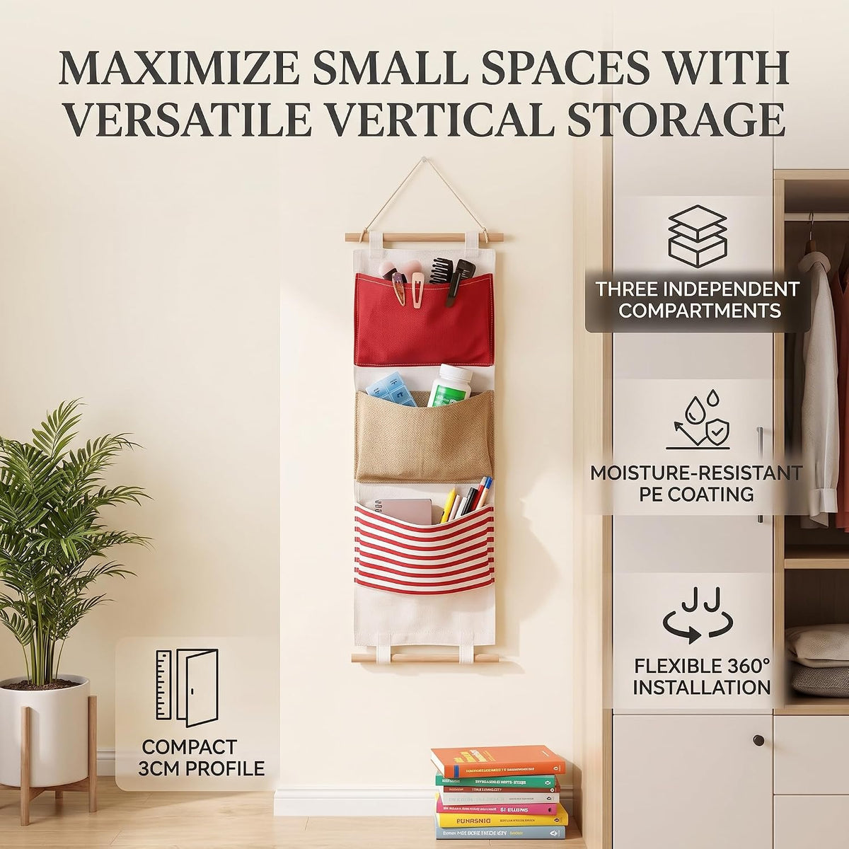 3Layer Linen Hanging Storage Bag, Wall Door Closet Organizer