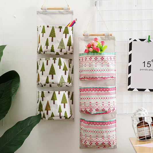 Hanging Storage Bag, Wall Mounted 3 Bags Nursery Storage Bag Over The Door Storage Pockets Fabric Wall Door Closet Hanging Storage Bag Organizer 2 Packs Small Tree + Ethnic Style