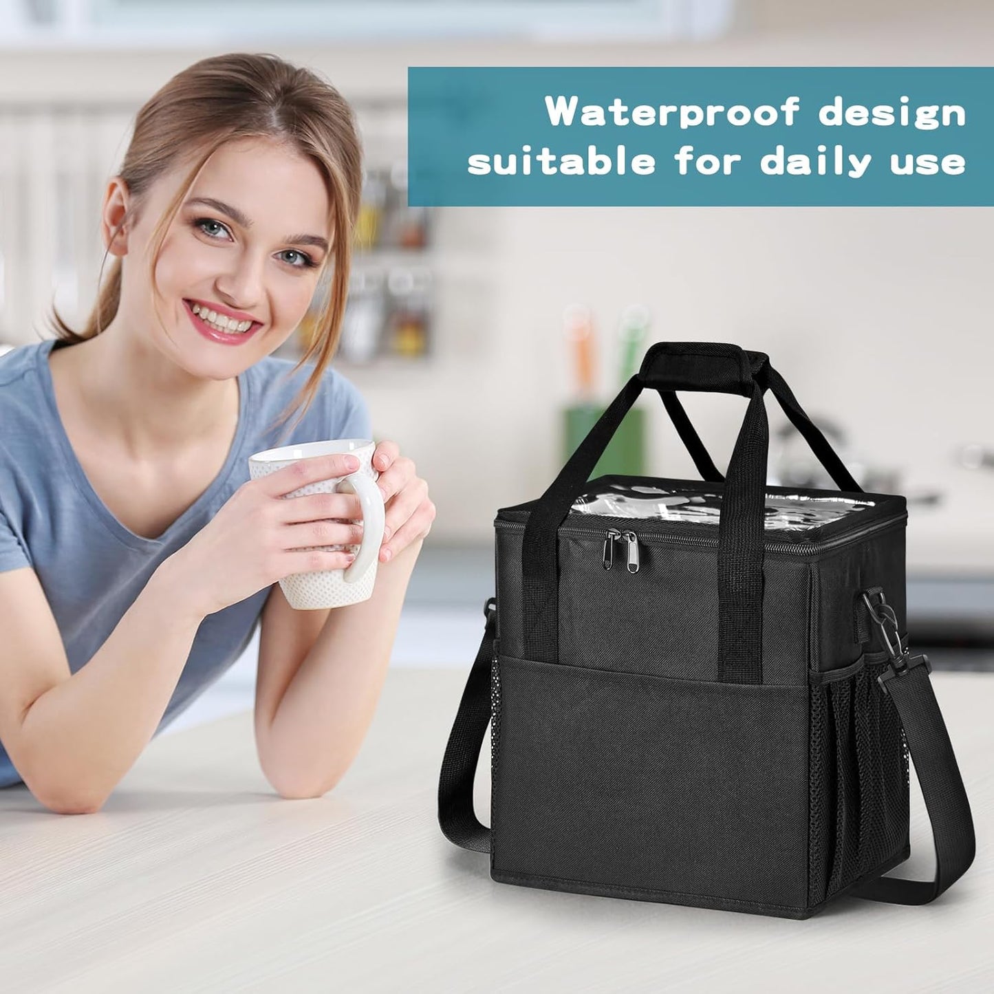 Reusable 4-Cup Drink Carrier-Leakproof Tote with Adjustable Dividers | Adjustable dividers keep cups secure. Shoulder strap, folds flat. Ideal for hot/cold drinks, delivery, travel.