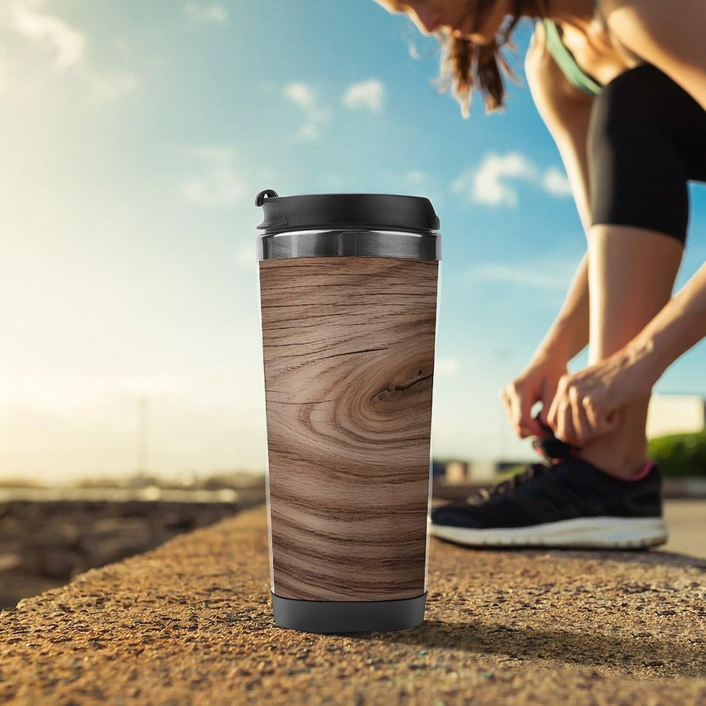 13oz Insulated Travel Coffee Mug Reusable Coffee Cup Water Bottle | Wood Grain Travel Mug with Leak Proof Lid Double Wall Stainless Steel Coffee Tumbler Personalized Gift