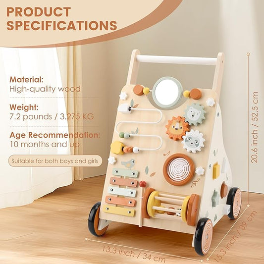 Pithfor Wooden Baby Walker, Baby Push Walker with Activity Center for Girls Boys, Montessori Push Walker Toys for Babies Learning to Walk, Sit-to-Stand, for 10-12 Months 1 2 3 Years Old