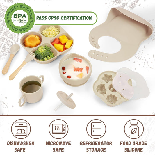 Silicone Baby Feeding Set, Baby Led Weaning Supplies, Baby Food Tableware Silicone Suction Plate, Bowl, Spoons, Fork, Waterproof Bib, Cup & Complementary Food Cake Mold, Baby Eating Utensils