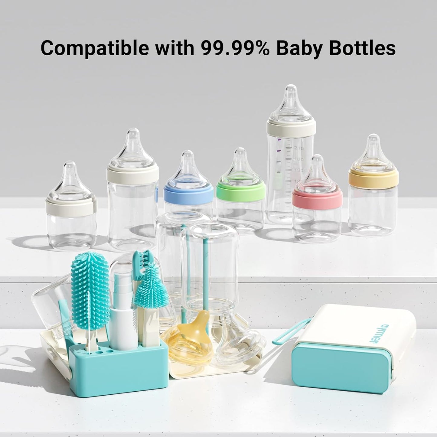 Aynmer Baby Bottle Brush, 10 in 1 Travel Baby Bottle Cleaner Brush Set with Silicone Brush, Nipple Brush, Straw Brush, Soap Dispenser, Portable Drying Rack, Breast Pump & Bottle Cleaning Kit - Pink
