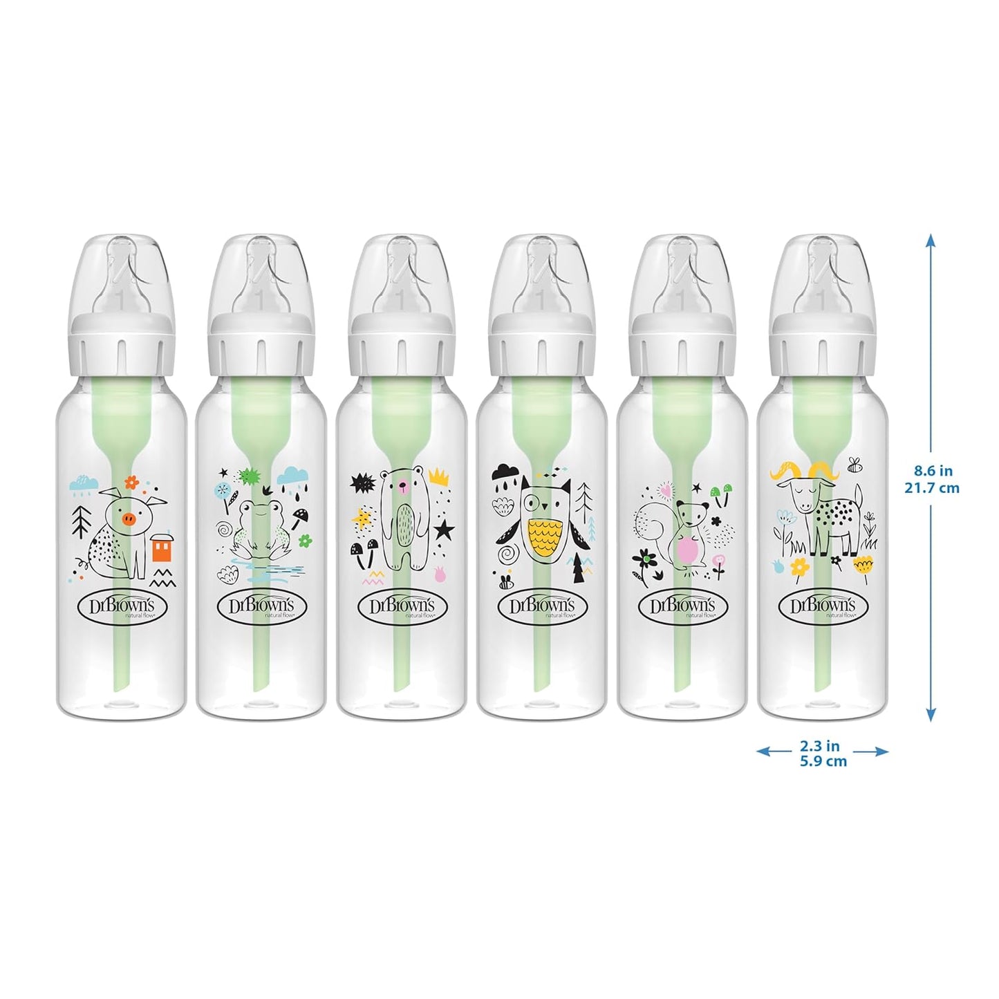 Dr. Brown's Natural Flow Anti-Colic Options+ Narrow Baby Bottle, Frog and Pig, 8 oz/250 mL, with Level 1 Slow Flow Nipple, BPA-Free, 0m+, 2-Pack