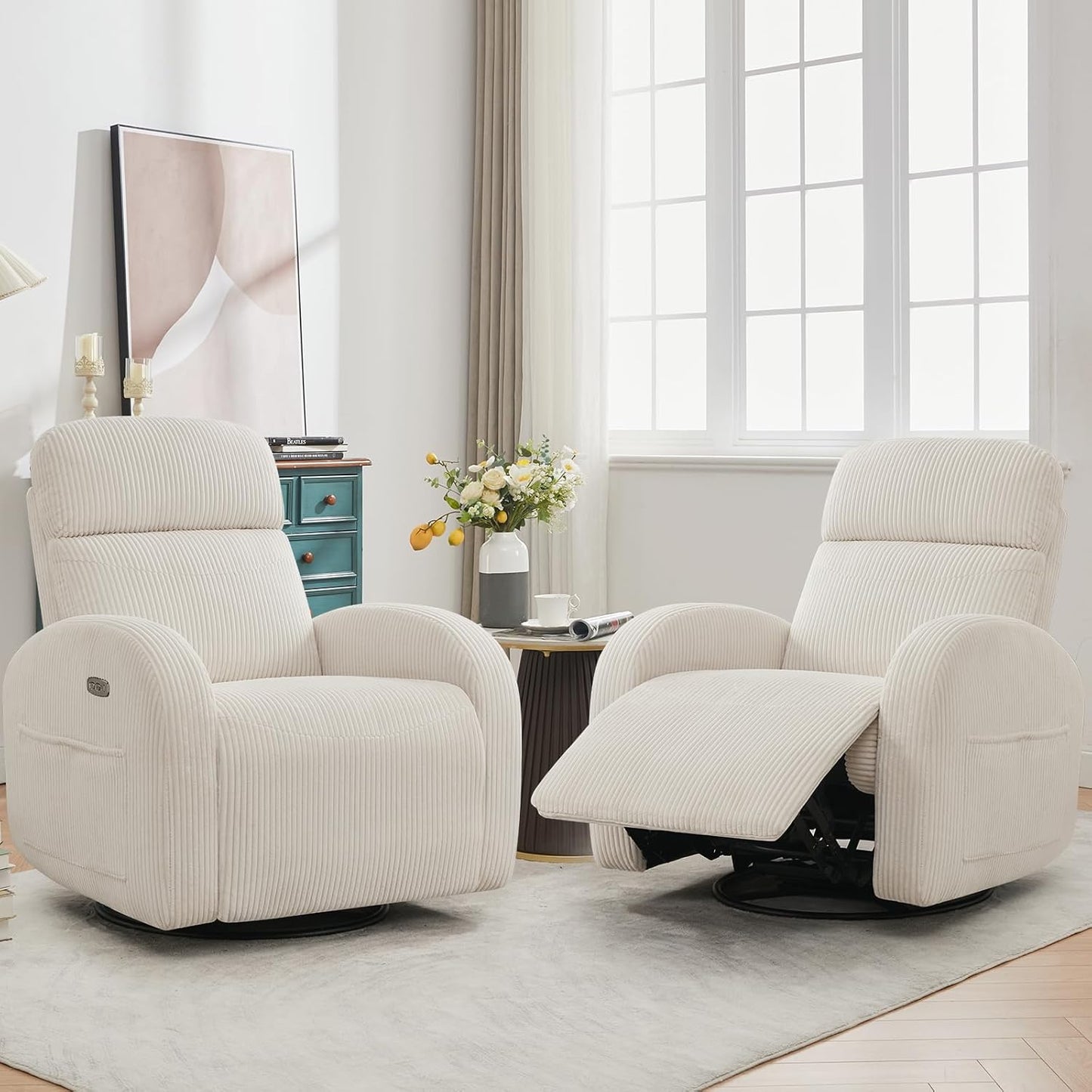 Swivel Rocker Recliner Chair, Rocking Recliner for Nursery with Side Pockets, Manual Swivel Reclining Nursery Glider Chair for Breastfeeding Living Room, Camel Chenille
