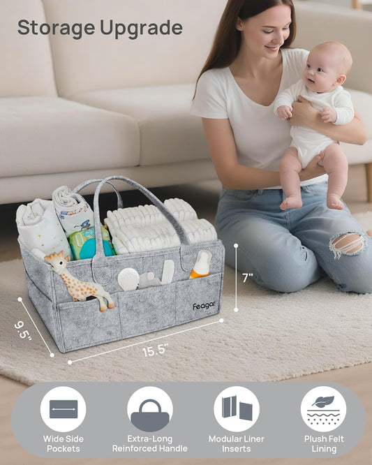 Feagar Baby Diaper Caddy Organizer, 15 Inch Large 2 Pack Set with 8 Pockets & 2 Dividers, Portable Nursery Storage Basket & Car Organizer for Changing Table, Travel (Pink)