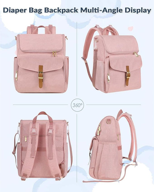 Baby Diaper Bag Backpack, 15 Pockets Newborn Baby Essential Travel bag, Multi Function Water Resistant Tote bag, Balancing Work and Life for Mon and Dad Pink