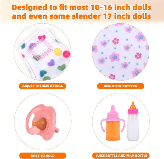 CARANOVO Baby Doll Accessories Set – 7 Pcs Feeding and Caring Set with Magic Disappearing Bottles, Pacifier, Diapers and Bibs Doll Pretend Play Gift for Kids