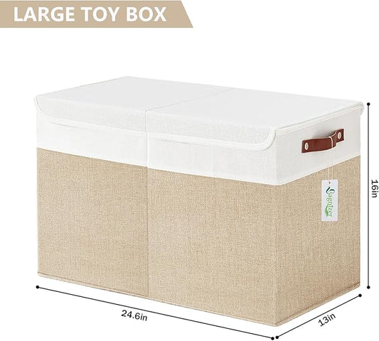 Bagnizer Large Toy Storage Box with Lids, Collapsible Sturdy Baby Storage Organizer Chest Bin Basket for Kids, Boys, Girls, Playroom, Nursery, Bedroom, Closet 25"x13"x16" (Beige and White)