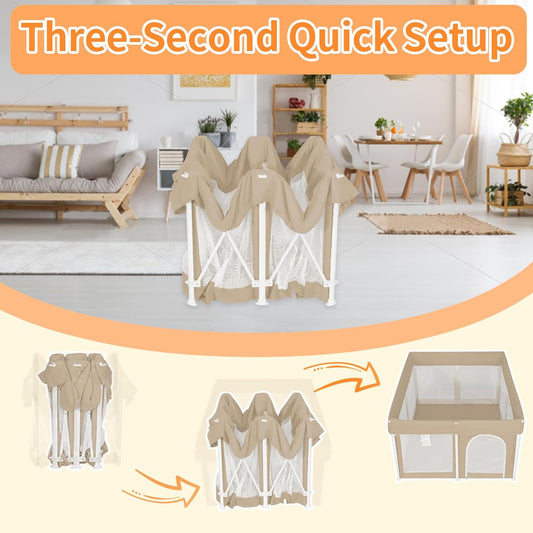 Foldable Large Baby Playpen 71"×71", Portable Playard for Babies & Toddlers, Lightweight Safety Baby Fence, No Installation, Indoor & Outdoor Playpen with 150 Ocean Balls, Beige