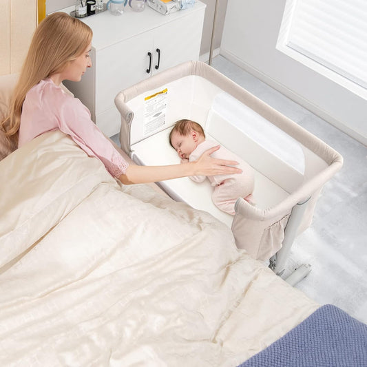 HONEY JOY Baby Bassinet Bedside Sleeper, 3-in-1 Easy Folding Portable Crib for Baby with Wheels, 5 Adjustable Heights, Easy to Assemble Bed to Bed, Mattress & Carry Bag for Infant Newborn (Pink)