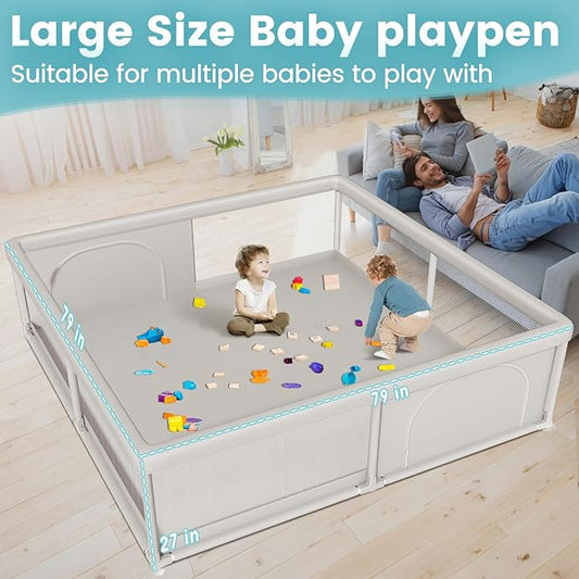 79x79 Inch Baby Playpen for Babies and Toddlers, Extra Large Play Yards for Indoor & Outdoor with Zipper Gates, Breathable Mesh with Anti-Slip Base