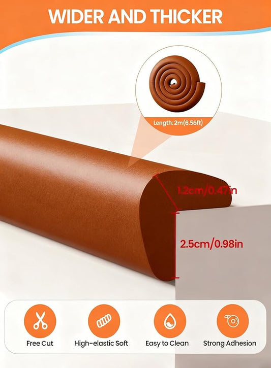 Baby Proof Edge Corner Protector, 6.56FT 0.47''Th L-Shape Furniture Corner & Edge Safety Bumpers with 6 Corners, Pre-Taped, Soft NBR Rubber Foam Desk Edge Cushion Wall Corner Protector (Brown)