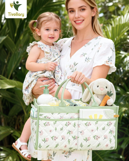 Tivellary Baby Diaper Caddy Organizer – Stylish Storage Basket for Newborn Essentials, Nursery & Diaper Station, Registry Must-Have, Sage Green Botanical