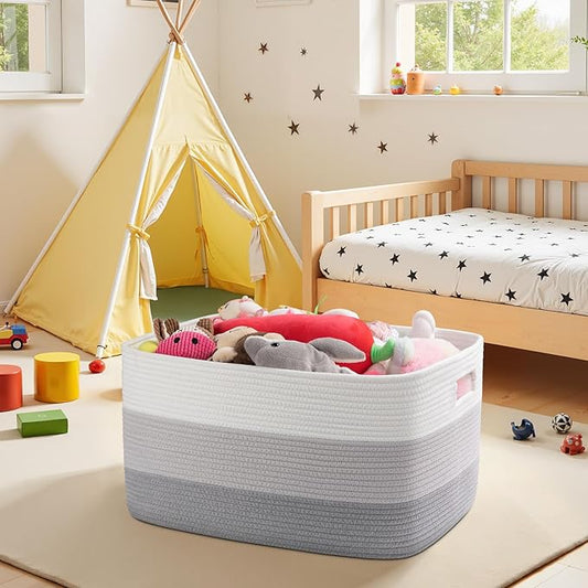OIAHOMY Large Blanket Basket, 22”x17”x12” Rectangle Woven Baskets, Nursery Blanket Storage Living Room, Toy Storage With Handle, Large Baskets for Organizing-Gradient Grey