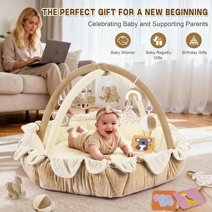 5-in-1 Baby Activity Gym & Play Mat with 6 Hanging Toys, Tummy Time Mat & Cards - Extra Large, Reversible Machine Washable Pad - Gift for Newborns, Infants 0-12 Months, Cream
