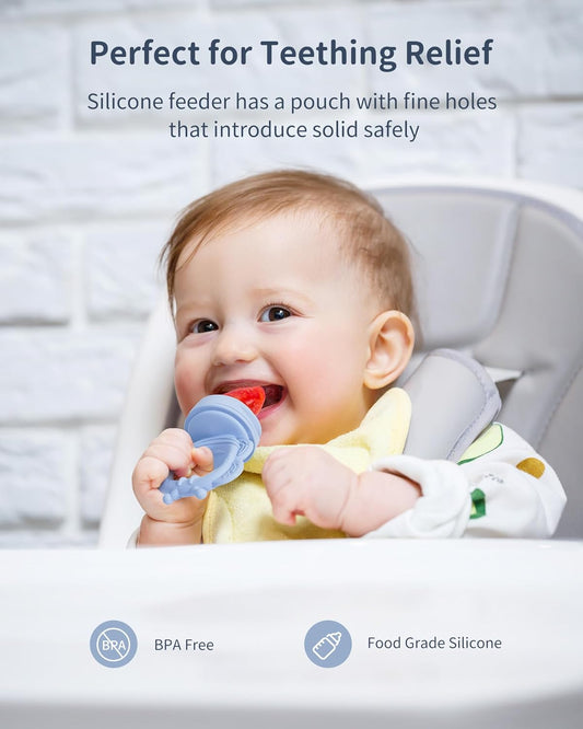 Silicone Baby Fruit Food Feeder (2 Pack) with Freezer Nibble Tray, Breastmilk Popsicle Molds for Baby Teething Relief, Feeder for Safe Infant Self Feeding, BPA Free, Dishwasher Safe, 3 Month+ Pink