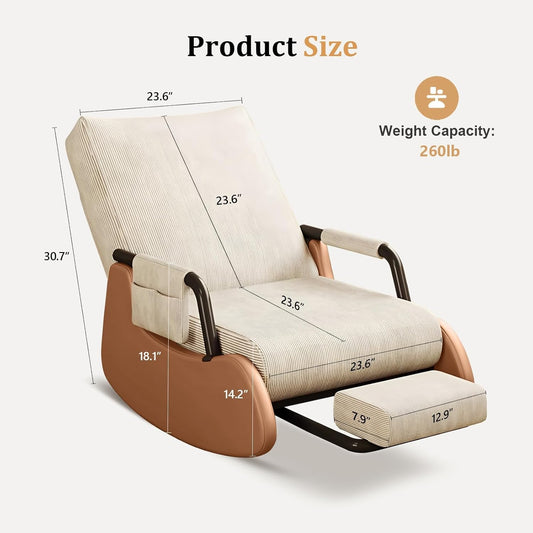 JPBSTO Rocking Chair Nursery, Upholstered Glider Rocking Chair with Side Pocket and Adjustable High Backrest, Comfortable Rocker Recliner with Footrest Perfect for Living Room Bedroom, Beige