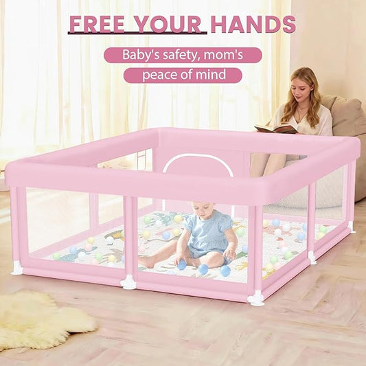 Hiaksedt Large Baby Playpen with Mat 50"x50" Baby Girl Play Pen for Babies and Toddlers, Safe Structure and Soft, Skin-Friendly Fabric with Zipper Gates Pink