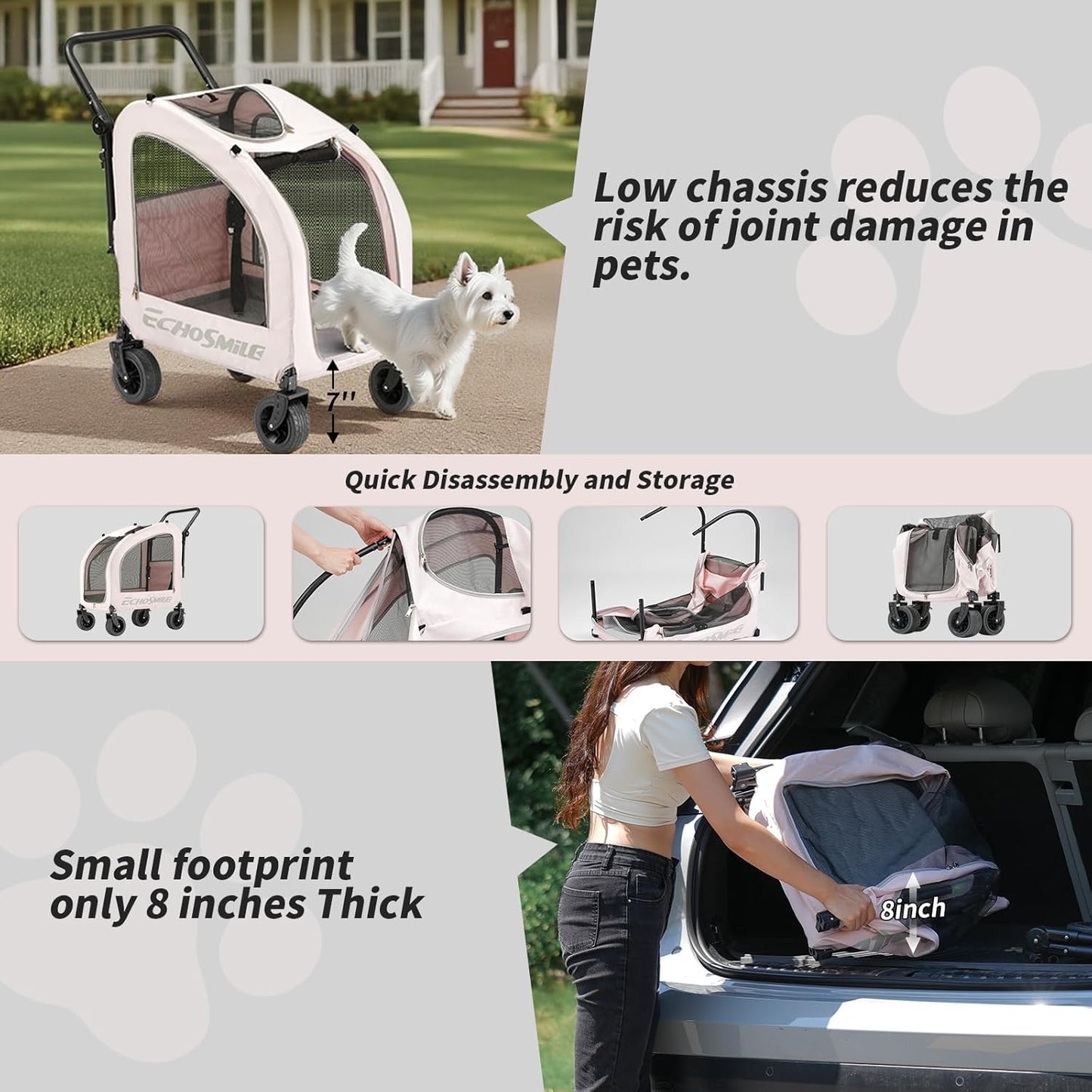 EchoSmile 4 Wheels Pet Stroller, Dog & Cat Stroller for All-Season, Lightweight Carrier with Storage Basket, Adjustable Handle, Removable Pad, Breathable Mesh, Up to 135 lbs, Grey