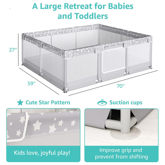 Large Baby Playpen for Babies and Toddlers - 70x59in Giant Play Pen for Babies 6-12 Months Big Play Yard for Toddlers 1-3 Play Pens for Toddler Indoors Playyard Fence Pin Corrales para Bebes Grey-s