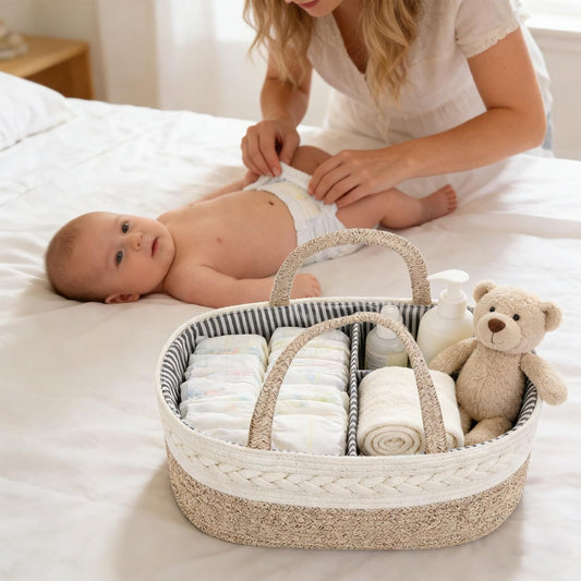 Diaper Caddy Organizer, Cotton Rope Baby Basket for Nursery and Changing Table, Portable Diaper Caddy with Removable Divider for Newborn Parents, Home and Car Travel, White and Brown