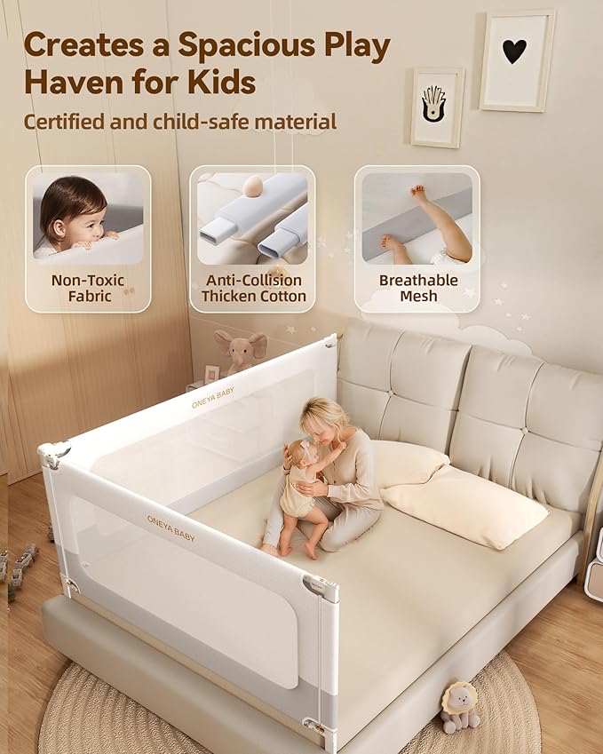 2 Piece Bed Rails for Queen Bed, No-Drill Needed Baby Bed Rail Guard for Toddlers with Height Adjustable, Thickened Child Safety Side Railing Guards/Bedrail for Kids, White/Grey, 60x78.7Inches